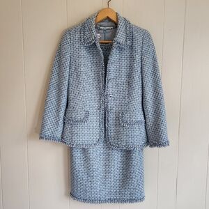 Escada Blazer Sheath Dress Suit Cashmere Blue Textured Fringe Elegant Elevated